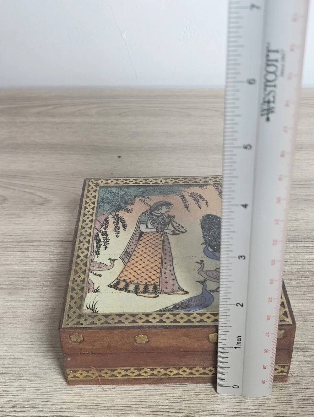 Indian Gemstone Painting Wooden Trinket Jewelry Box Peacock Musician 5x4.5